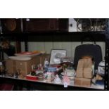 Shelf collection including Royal Doulton ladies and a Coalport lady figurine, Royal Crown Derby,
