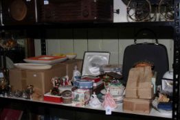 Shelf collection including Royal Doulton ladies and a Coalport lady figurine, Royal Crown Derby,