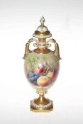 Royal Worcester Ricketts fruit painted two handle vase and cover, signed,