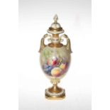 Royal Worcester Ricketts fruit painted two handle vase and cover, signed,