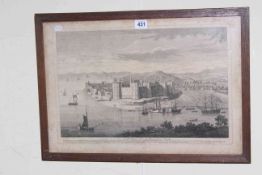 Framed print of 18th Century North West view of Caernarvon Castle in glazed oak frame.