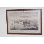 Framed print of 18th Century North West view of Caernarvon Castle in glazed oak frame.