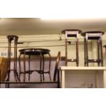 Three occasional tables, sewing table and twist pillar plant stand and three pictures (8).