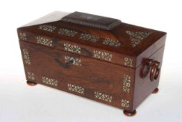 Rosewood and mother or pearl inlaid tea caddy with two compartment boxes and glass, 33cm by 15cm.