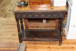 Victorian burr topped and carved oak rectangular table with frieze drawer, 71cm by 80cm by 36cm.