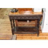 Victorian burr topped and carved oak rectangular table with frieze drawer, 71cm by 80cm by 36cm.