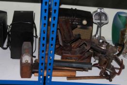 Two vintage radio's, various wood planes, silver plated teapot, etc.