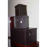 Set of three graduated leather look storage boxes.