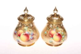 Pair Royal Worcester fruit painted pot pourri vases and covers, signed, printed mark, 16cm.