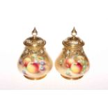 Pair Royal Worcester fruit painted pot pourri vases and covers, signed, printed mark, 16cm.