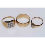 9 carat gold wedding ring and two other 9 carat gold rings (3).