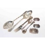 Three decanter labels, two berry spoons, two silver spoons and fork (8).