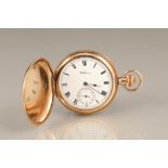 Hunter gold plated cased pocket watch by Waltham, white enamel dial, seconds subsidiary dial,