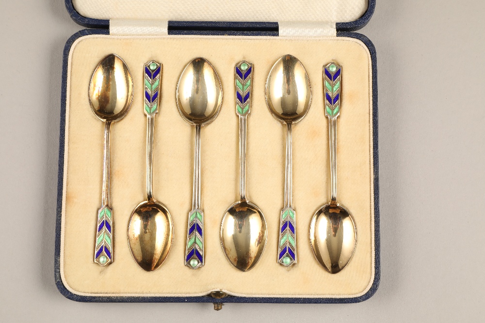 Boxed set of six silver gilt and enamel coffee spoons, assay marked Birmingham 1931, by Mappin and