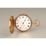 Hunter gold plated cased pocket watch by Waltham, white enamel dial, seconds subsidiary dial. Circ