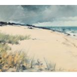 Helen Turner ARR Framed oil on canvas, signed 'Storm Clouds over West Coast Sandy Beach' 65cm x