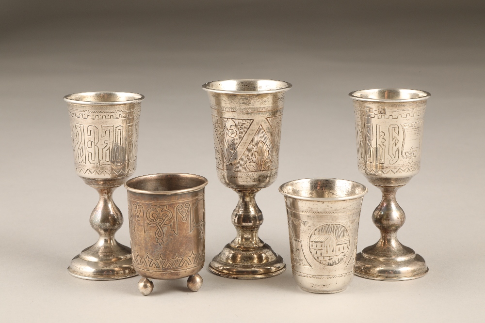 Three Russian engraved silver goblets with two small beakers. 187g