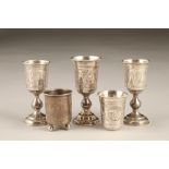 Three Russian engraved silver goblets with two small beakers. 187g