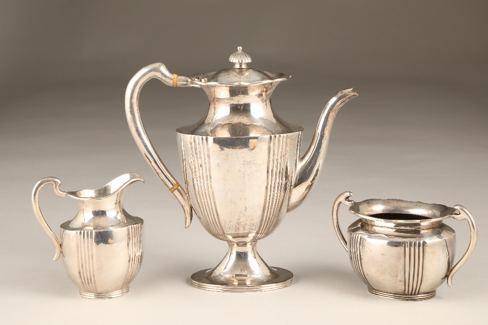 Chinese export silver three piece coffee service, engraved monogram. Coffee pot, sugar and cream