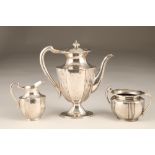 Chinese export silver three piece coffee service, engraved monogram. Coffee pot, sugar and cream