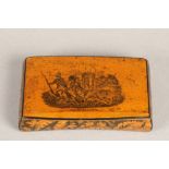 Mauchline ware snuff box, wooden hinged cover with a wild boar hunt, sides and base with thistle