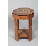 Art Deco sewing work table, octagonal form, inlaid with bone and ebony and specimen woods, hinged