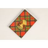 Mauchline tartan ware card case, Stuart tartan, oval illustration of Stonebyres Falls. 10cm high,