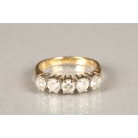 Ladies 18 carat gold five stone diamond ring, five 0.25 carat brilliant cut diamonds set to a yellow