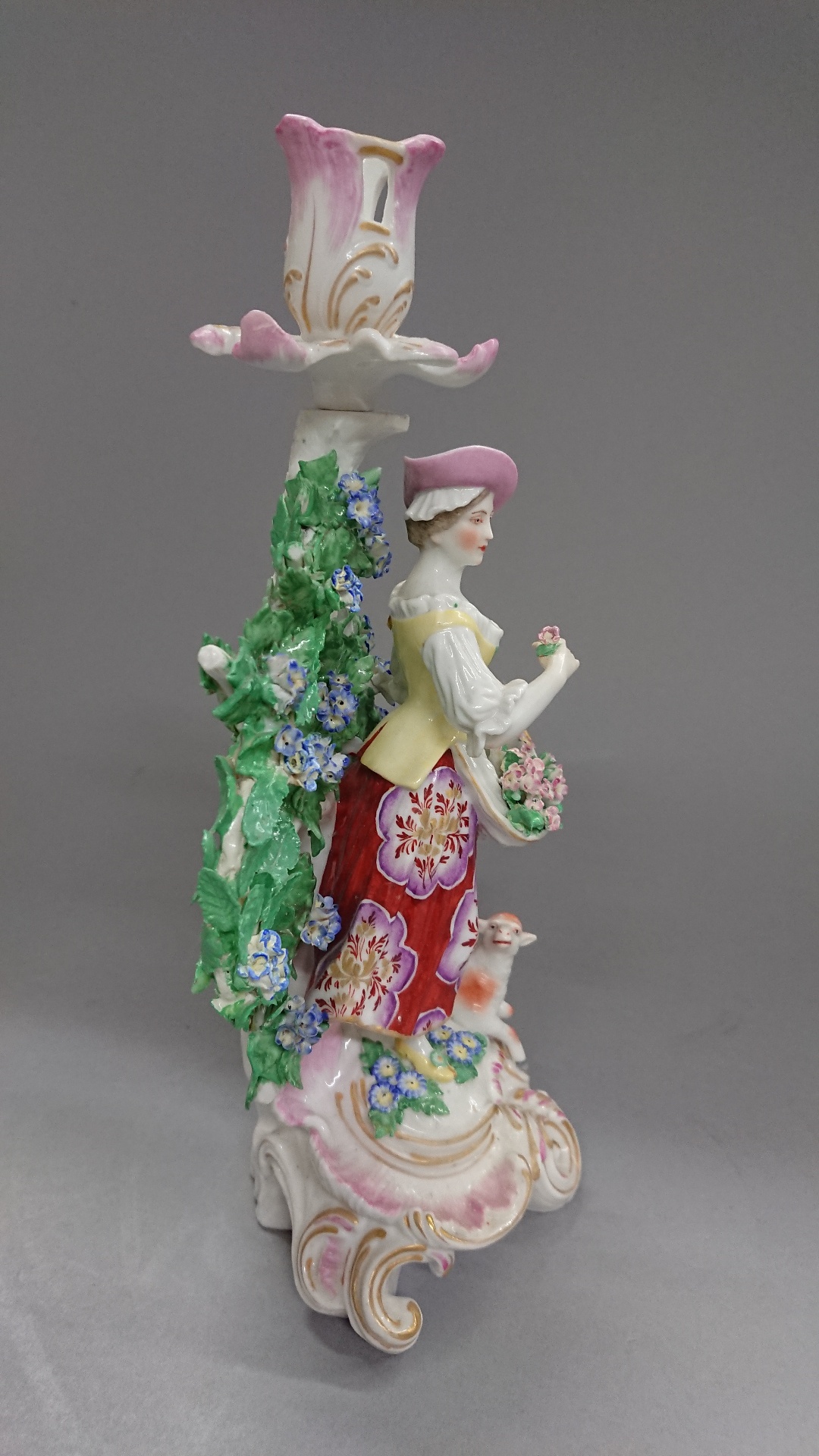 Chelsea Derby porcelain bocage figure candlestick, shepherdess with a lamb raised on a pink and gilt - Image 4 of 9