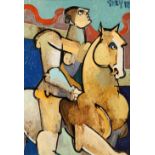 Geoffrey Key ARR Framed oil on canvas, signed, dated 18 'Rider with Blue Field' 40cm x 30cm