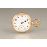Open faced gold plated cased pocket watch by Record, white enamel dial, seconds subsidiary dial,