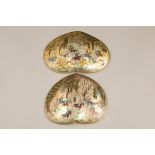Two Indian mother of pearl shells, one hand painted with men on horseback hunting deer, the other