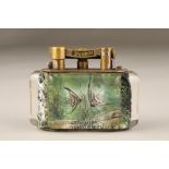 Dunhill aquarium table lighter circa 1950, the shaped clear perspex reverse painted panels with