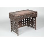 Late 19th century Chinese carved hardwood folding travelling desk with two fitted drawers