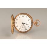 Gents 9ct gold hunter pocket watch, white enamelled dial with black numerals and subsidiary dial.