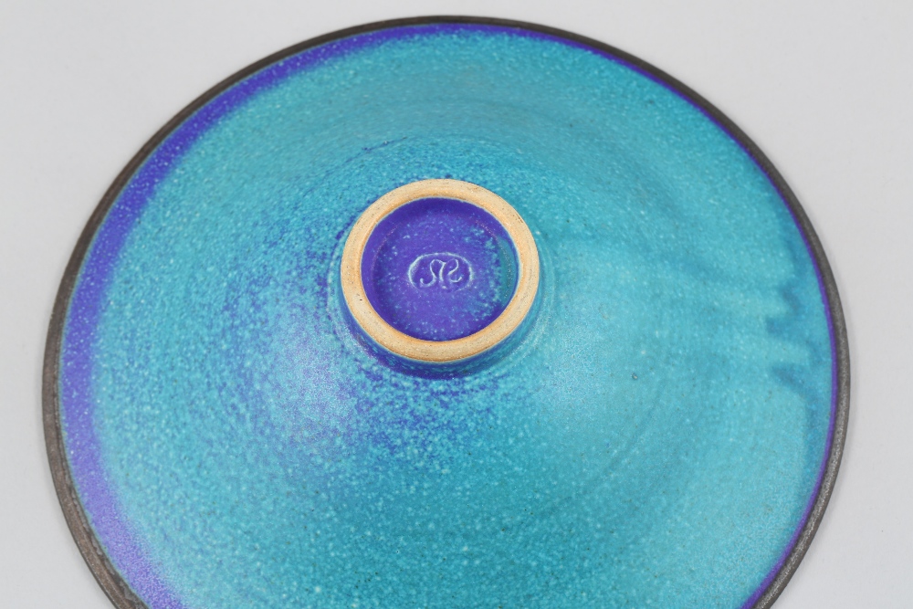 20th century conical studio pottery bowl, royal blue glaze with a heavy overlay of sky blue. 18cm - Image 3 of 3