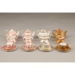 Four sets of six piece Coalport bone china miniature tea sets; cup, saucer, plate, sugar, cream