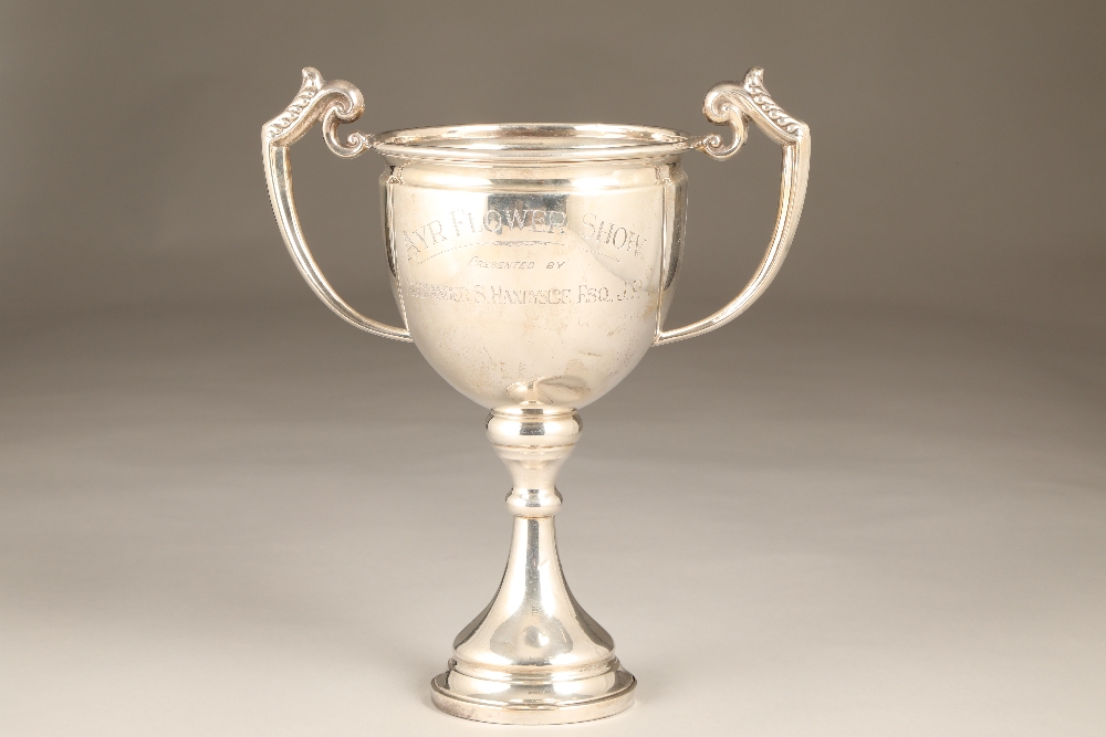 Twin handled silver trophy, 'Ayr Flower Show' Presented by Alexander S Handyside ESQ. J.P.