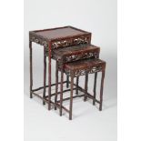 19th/20th century Chinese nest of three rosewood tables, table frame turned and carved in a faux