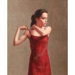 Harry Holland (British born 1941) ARR Framed oil on board 'Girl in a Red Dress' 44cm x 38cm