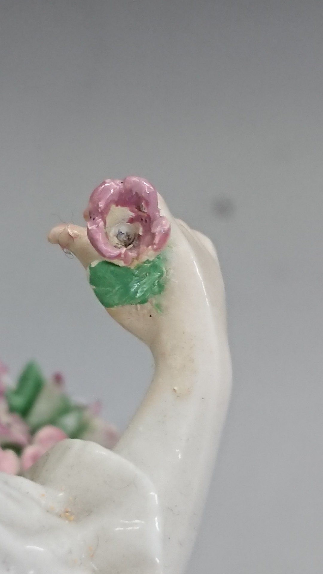 Chelsea Derby porcelain bocage figure candlestick, shepherdess with a lamb raised on a pink and gilt - Image 8 of 9