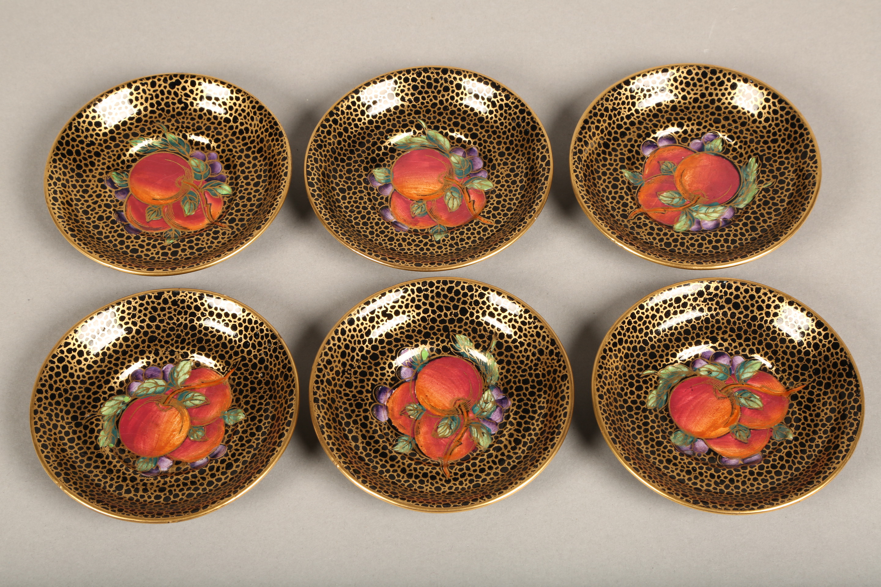 Fifteen piece Maling lustre coffee set, plum and berry, pattern 3615, gilt interiors and handles. - Image 5 of 7