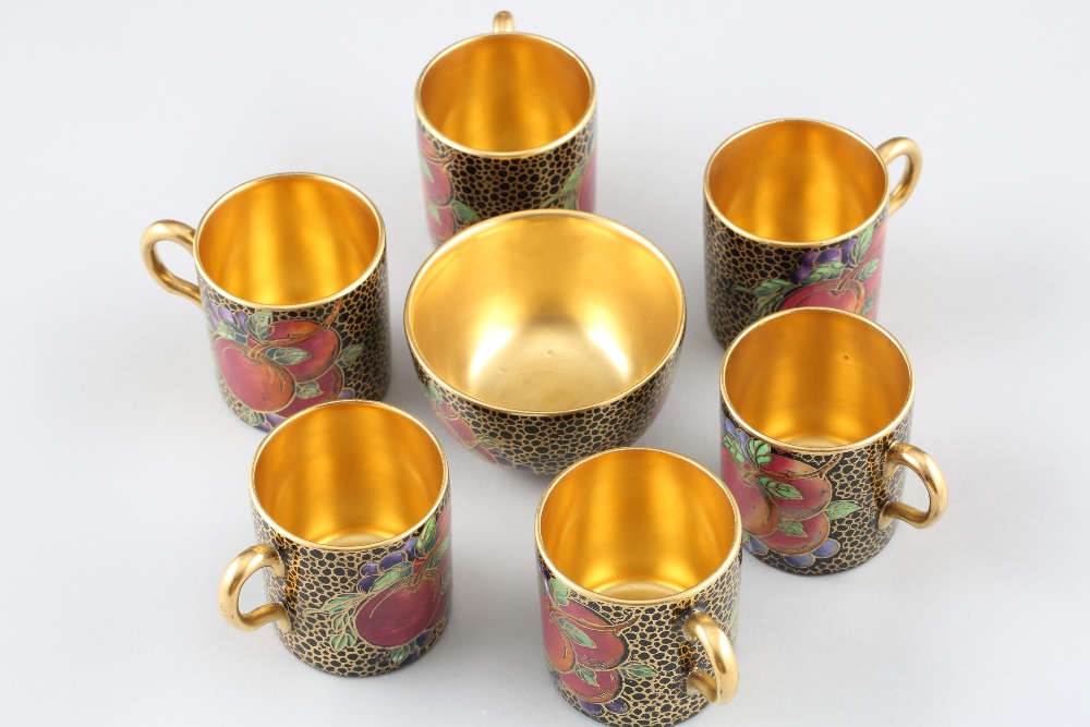 Fifteen piece Maling lustre coffee set, plum and berry, pattern 3615, gilt interiors and handles. - Image 4 of 7