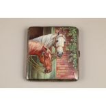 Alpaca silver and enamel cigarette case, enamelled cover with two horses leaning over a stable door.