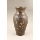 Japanese Meiji period, bronze and mixed metal vase, the body of the vase decorated in relief with