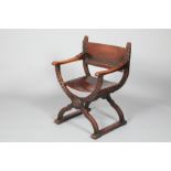 19th century oak x framed armchair, with leather seat and back, 63cm long 50cm wide 91cm high