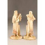 Pair Royal Worcester figures, Eastern robed musicians. Model no 1084, RHN 26651. 32.5cm high