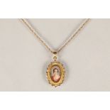 Ladies 18 carat gold hand painted miniature pendant, portrait of a lady with small diamond mounted