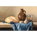 Roy Barley ARR Framed oil on canvas, signed 'Still life with Bread and Bottle' 31cm x 42cm