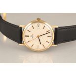 Gents 9 carat gold Omega wrist watch, white dial with gilt hour batons, date aperature,